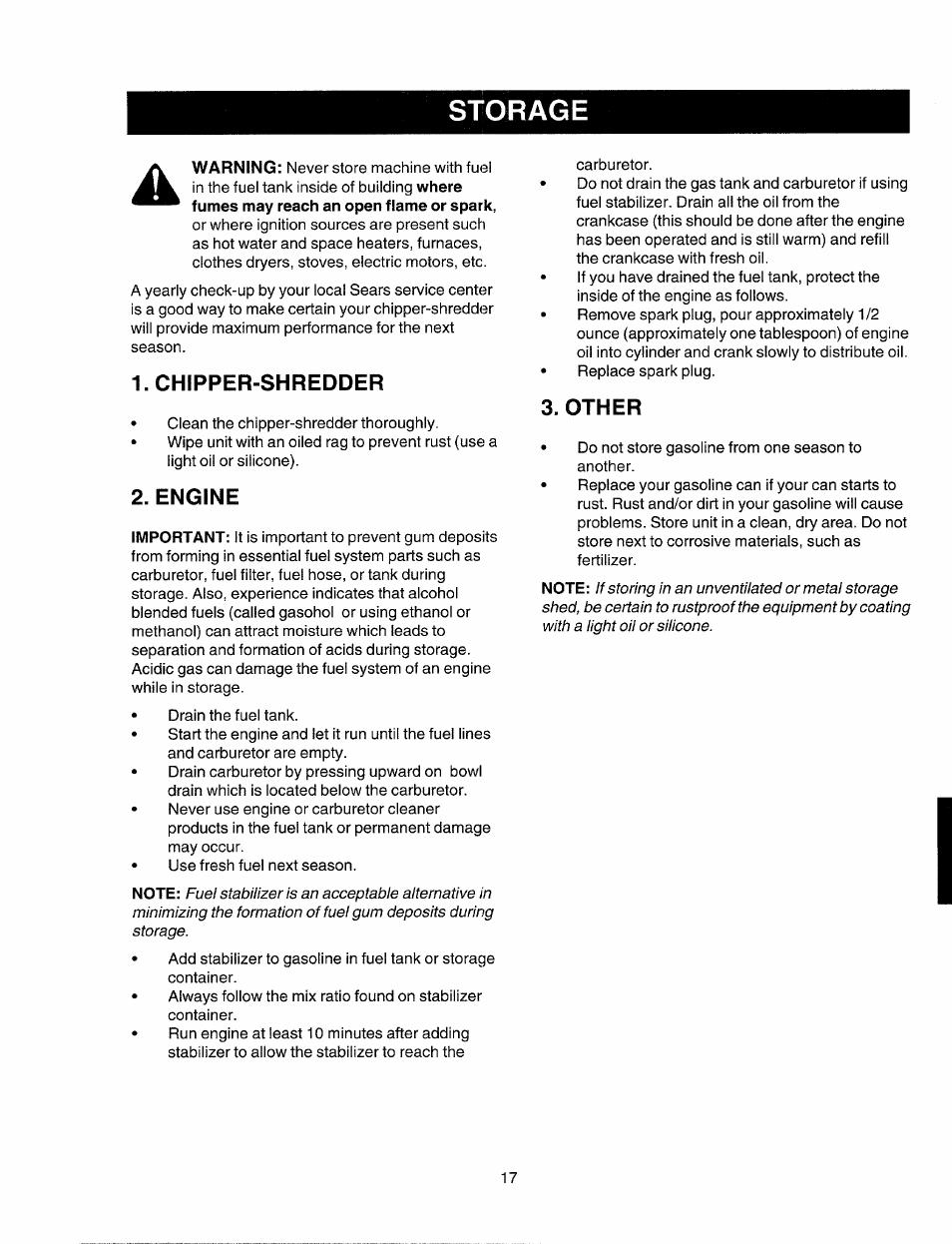 Storage, Chipper-shredder, Engine | Other | Sears Craftsman 247.77586 User Manual | Page 17 / 46