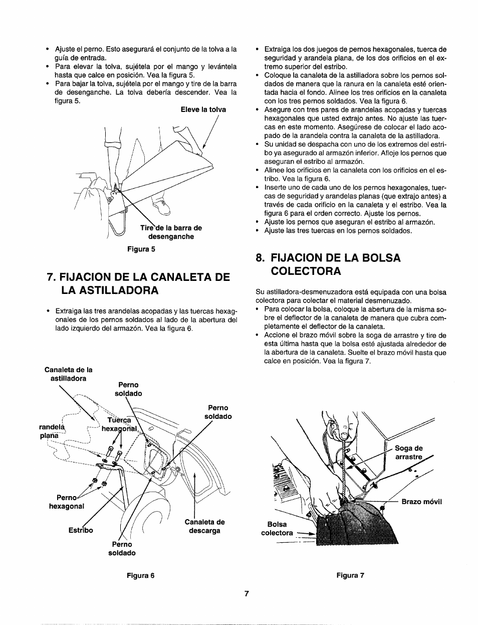 Fijacion de la canaleta de la astilladora, Fijacion de la bolsa colectora | Sears Craftsman 247.77586 User Manual | Page 35 / 46