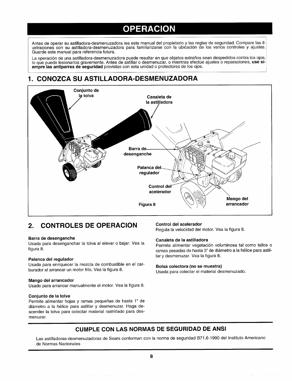 Operacion, Conozca su astilladora-desmenuzadora, Controles de operacion | Sears Craftsman 247.77586 User Manual | Page 36 / 46