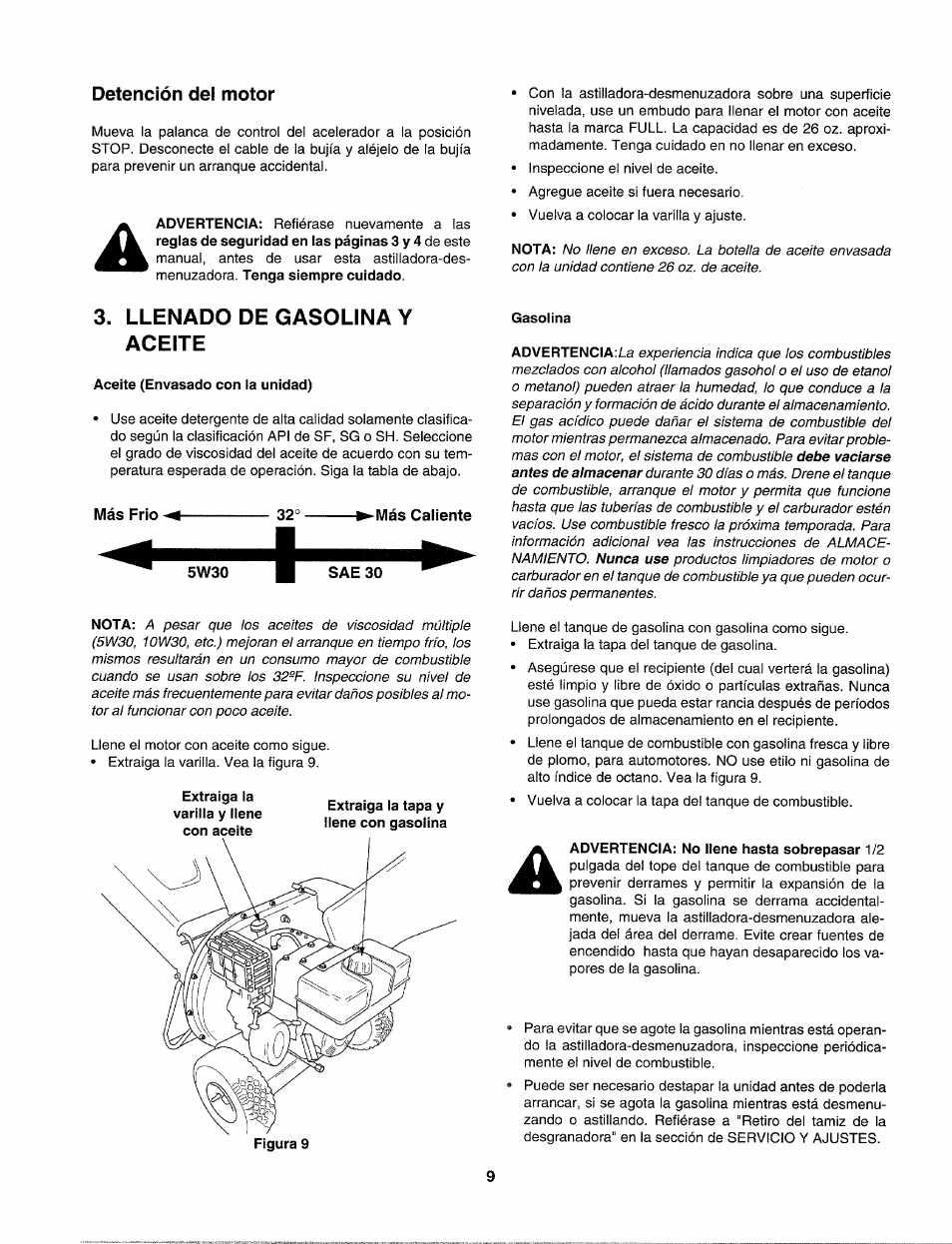 Llenado de gasolina y aceite, Detención del motor | Sears Craftsman 247.77586 User Manual | Page 37 / 46
