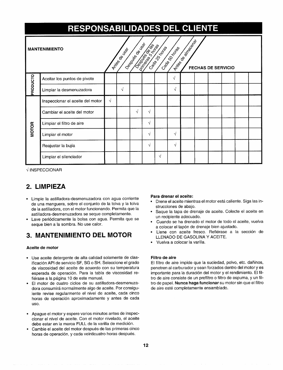Responsabilidades del cliente, Limpieza, Mantenimiento del motor | Sears Craftsman 247.77586 User Manual | Page 40 / 46