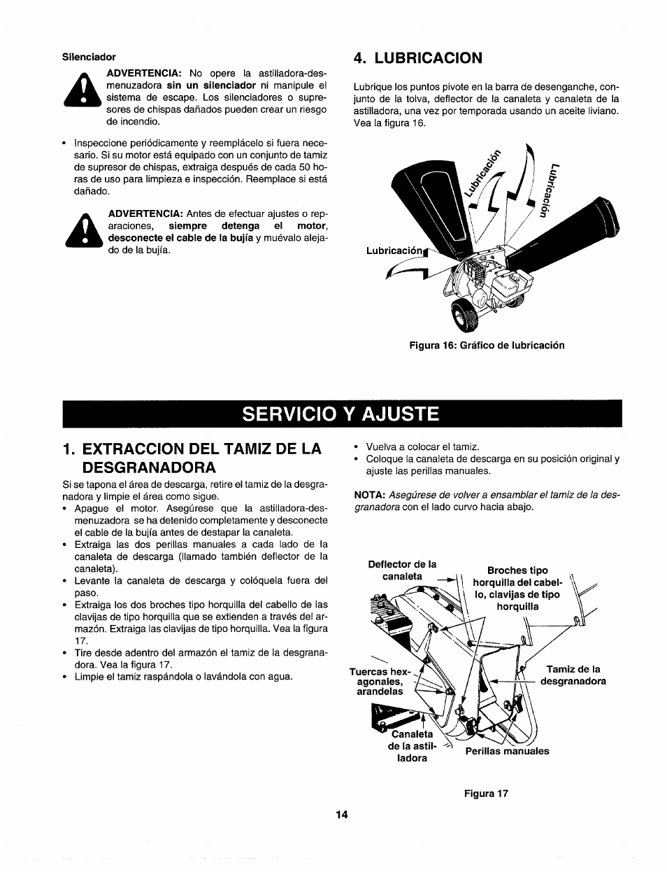 Lubricacion, Servicio y ajuste, Extraccion del tamiz de la desgranadora | Sears Craftsman 247.77586 User Manual | Page 42 / 46