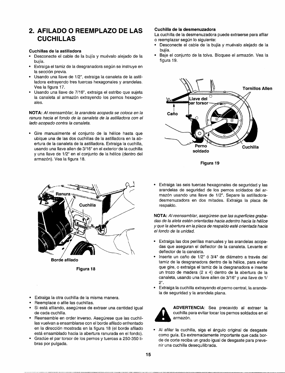 Afilado o reemplazo de las cuchillas | Sears Craftsman 247.77586 User Manual | Page 43 / 46