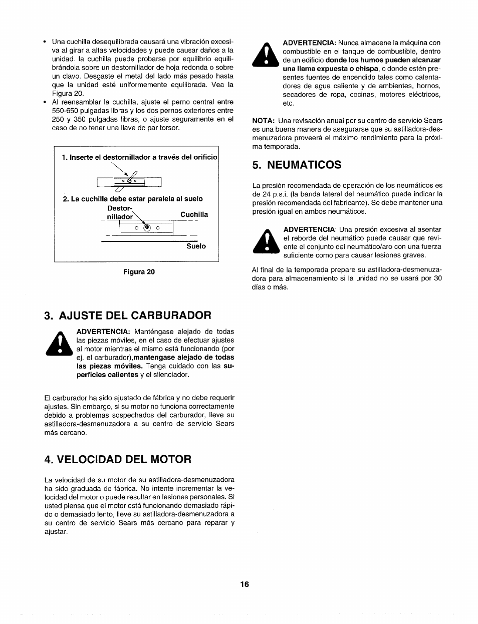 Neumaticos, Ajuste del carburador, Velocidad del motor | Sears Craftsman 247.77586 User Manual | Page 44 / 46