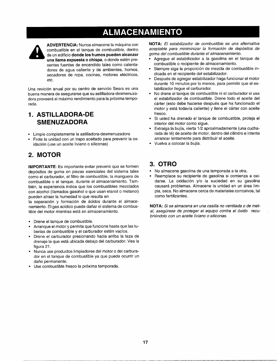 Almacenamiento, Astilladora-de smenuzadora, Motor | Otro | Sears Craftsman 247.77586 User Manual | Page 45 / 46