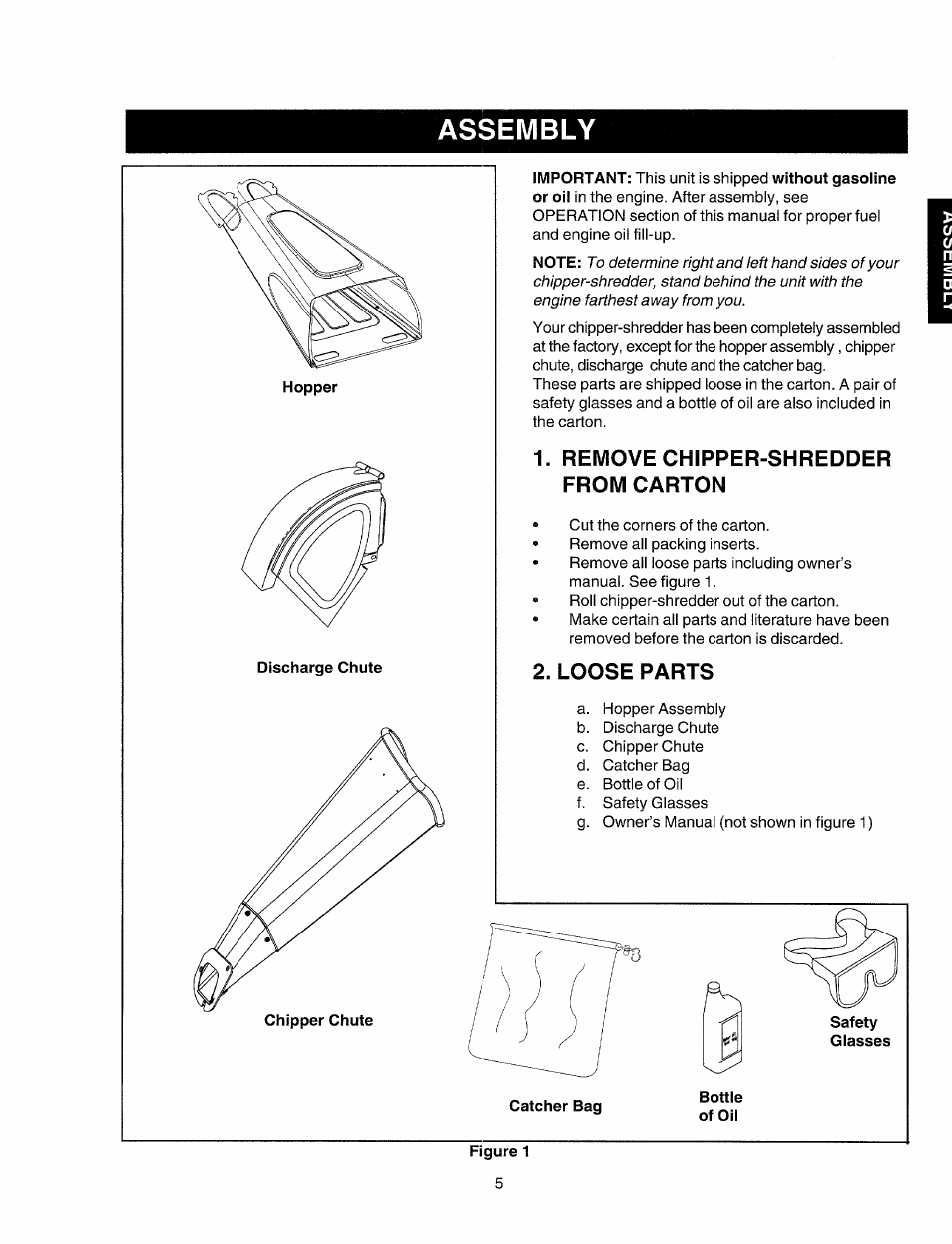 Assembly, Remove chipper-shredder from carton, Loose parts | Sears Craftsman 247.77586 User Manual | Page 5 / 46