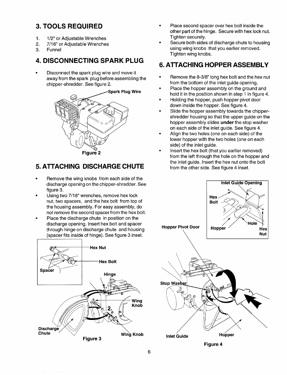 Tools required, Disconnecting spark plug, Attaching discharge chute | Attaching hopper assembly | Sears Craftsman 247.77586 User Manual | Page 6 / 46