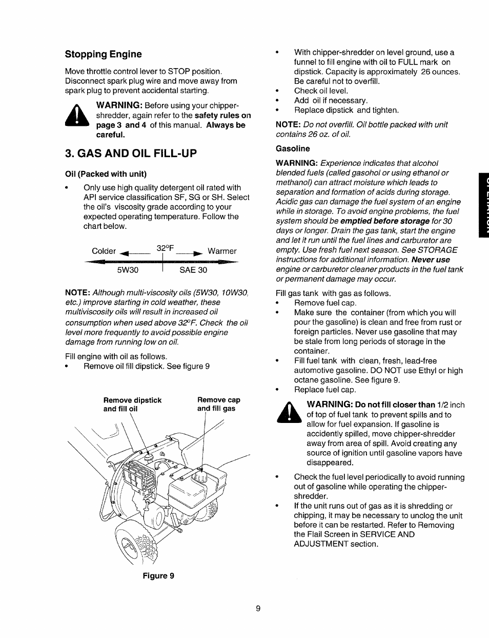 Gas and oil fill-up, Stopping engine | Sears Craftsman 247.77586 User Manual | Page 9 / 46
