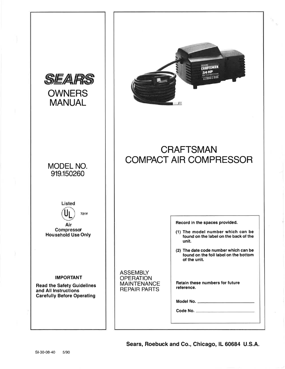 Sears Craftsman 919.150260 User Manual | 12 pages