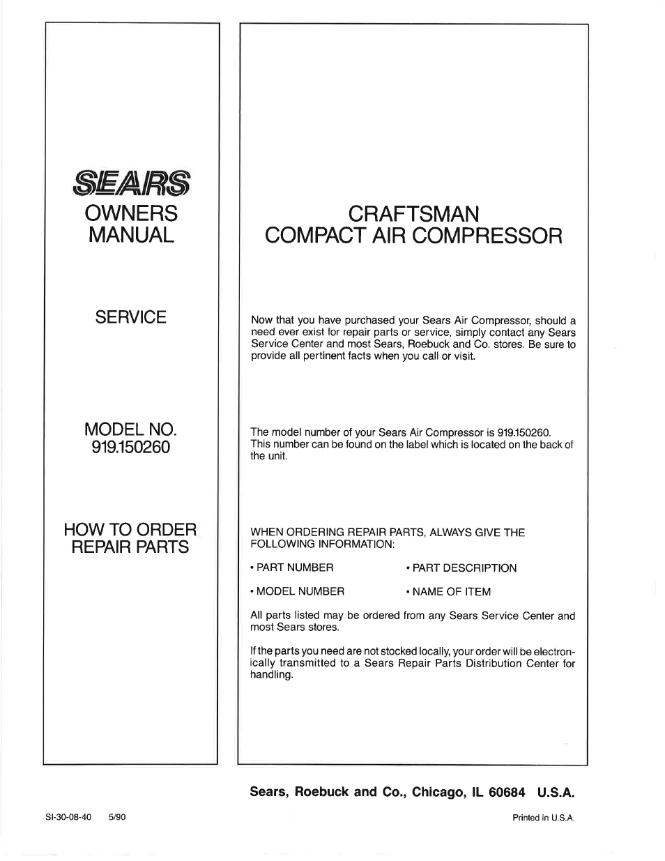 Owners, Manual, Service | Model no. 919.150260, How to order repair parts, Craftsman, Compact air compressor, Sears, roebuck and co., chicago, il 60684 u.s.a, Owners manual, Craftsman compact air compressor | Sears Craftsman 919.150260 User Manual | Page 12 / 12