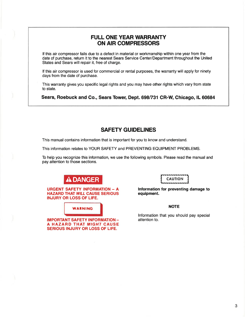 Full one year warranty on air compressors, Safety guidelines, Danger | Sears Craftsman 919.150260 User Manual | Page 3 / 12