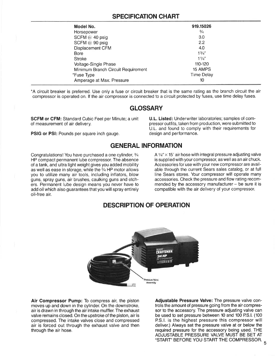 Specification chart, Glossary, General information | Description of operation | Sears Craftsman 919.150260 User Manual | Page 5 / 12