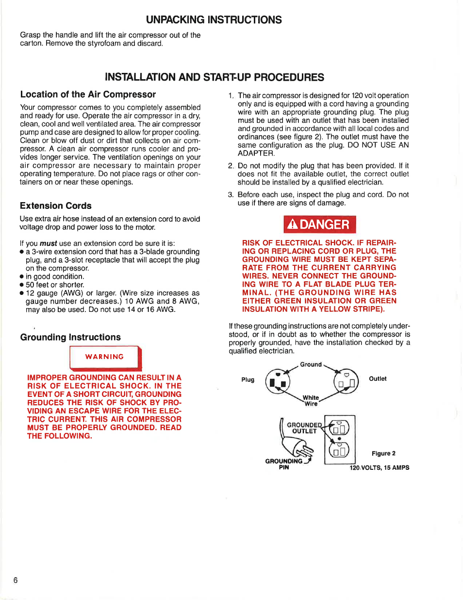 Unpacking instructions, Extension cords, Grounding instructions | Adanger, Installation and start-up procedures | Sears Craftsman 919.150260 User Manual | Page 6 / 12