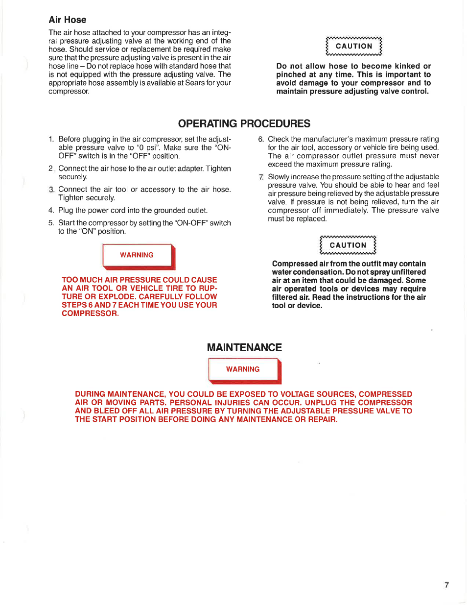 Air hose, Operating procedures, Maintenance | Sears Craftsman 919.150260 User Manual | Page 7 / 12