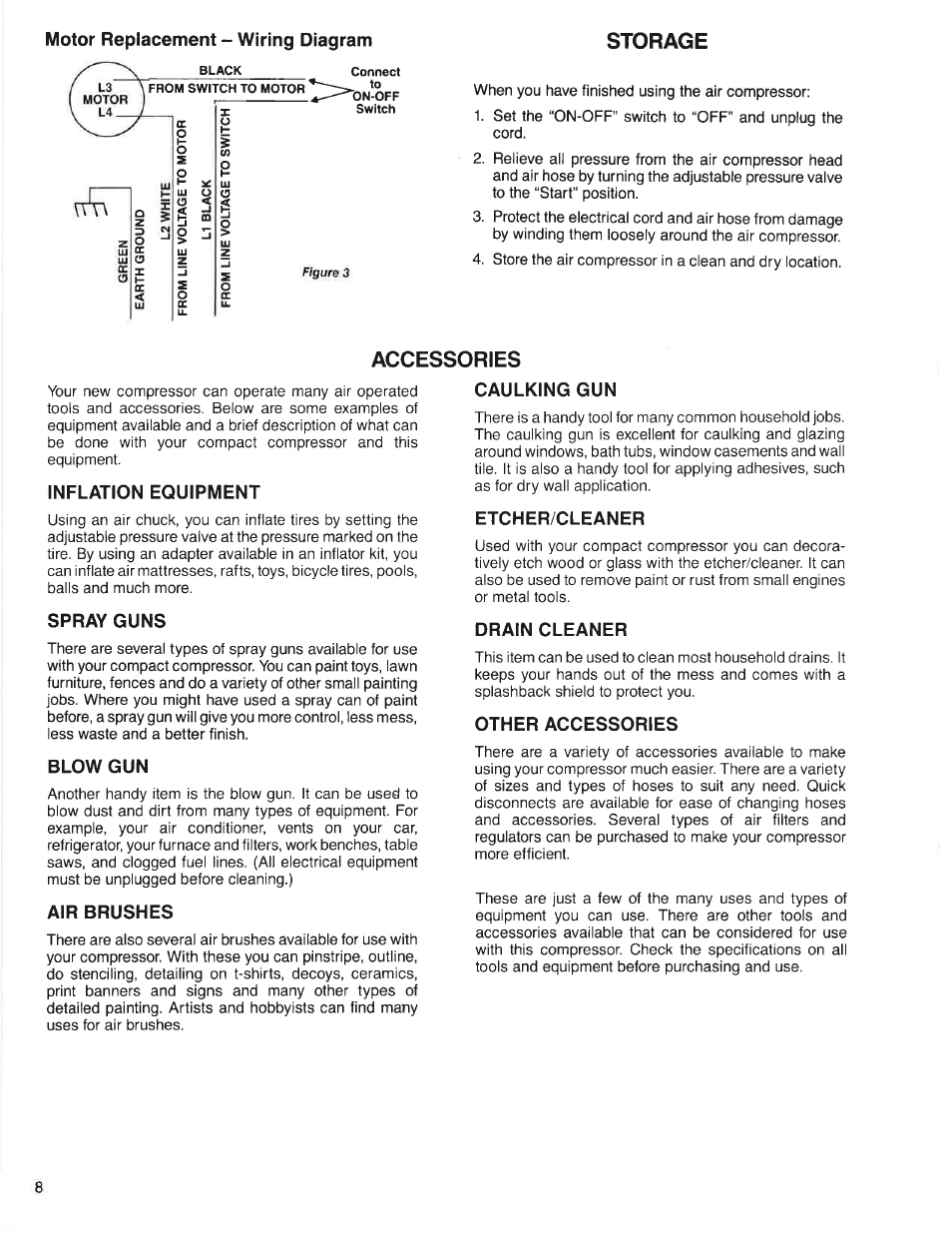 Motor replacement - wiring diagram, Accessories, Inflation equipment | Spray guns, Blow gun, Air brushes, Caulking gun, Etcher/cleaner, Drain cleaner, Other accessories | Sears Craftsman 919.150260 User Manual | Page 8 / 12