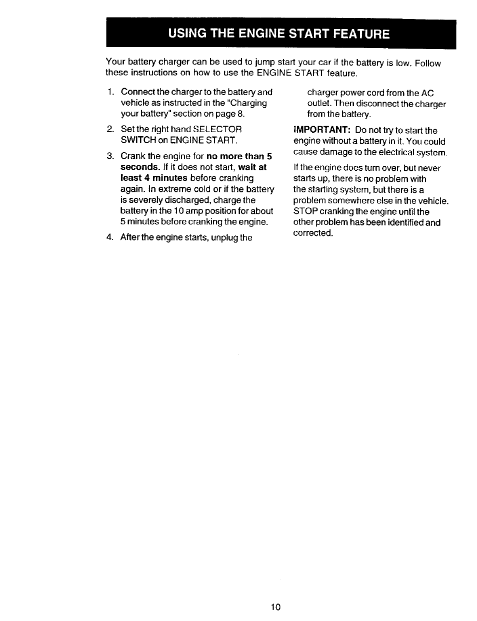Using the engine start feature | Sears 200.713101 User Manual | Page 10 / 16