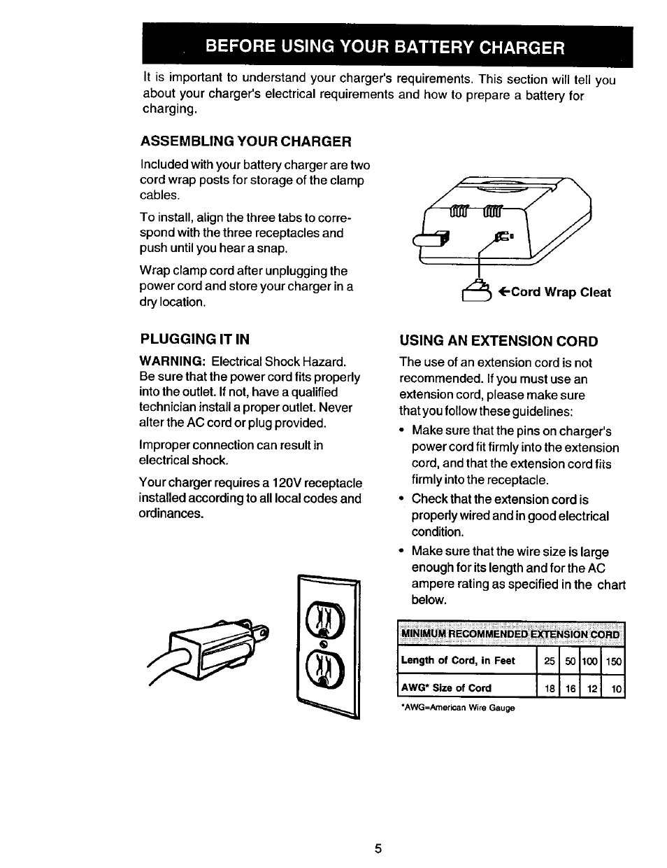 Before using your battery charger, Assembling your charger, Plugging it in | Using an extension cord | Sears 200.713101 User Manual | Page 5 / 16