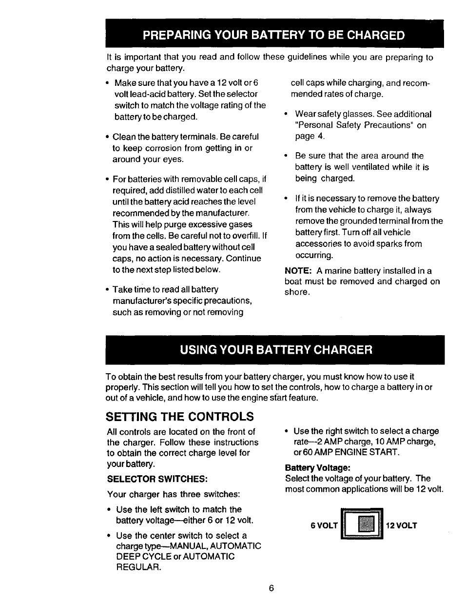 Preparing your battery to be charged, Using your battery charger, Setting the controls | Sears 200.713101 User Manual | Page 6 / 16