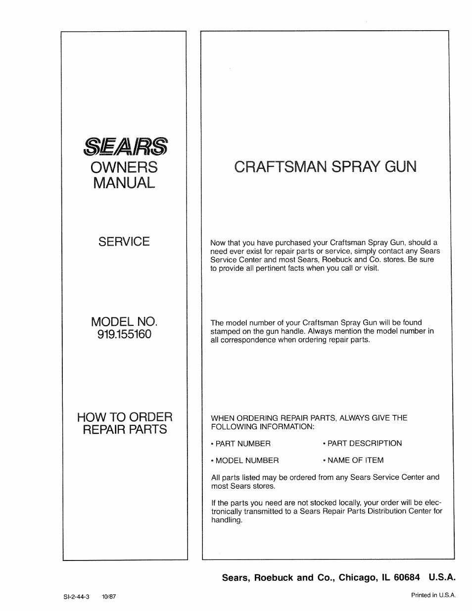 Semrs, Owners craftsman spray gun manual, Service | Model no, Order, Repair parts | Sears 919.15516 User Manual | Page 12 / 12