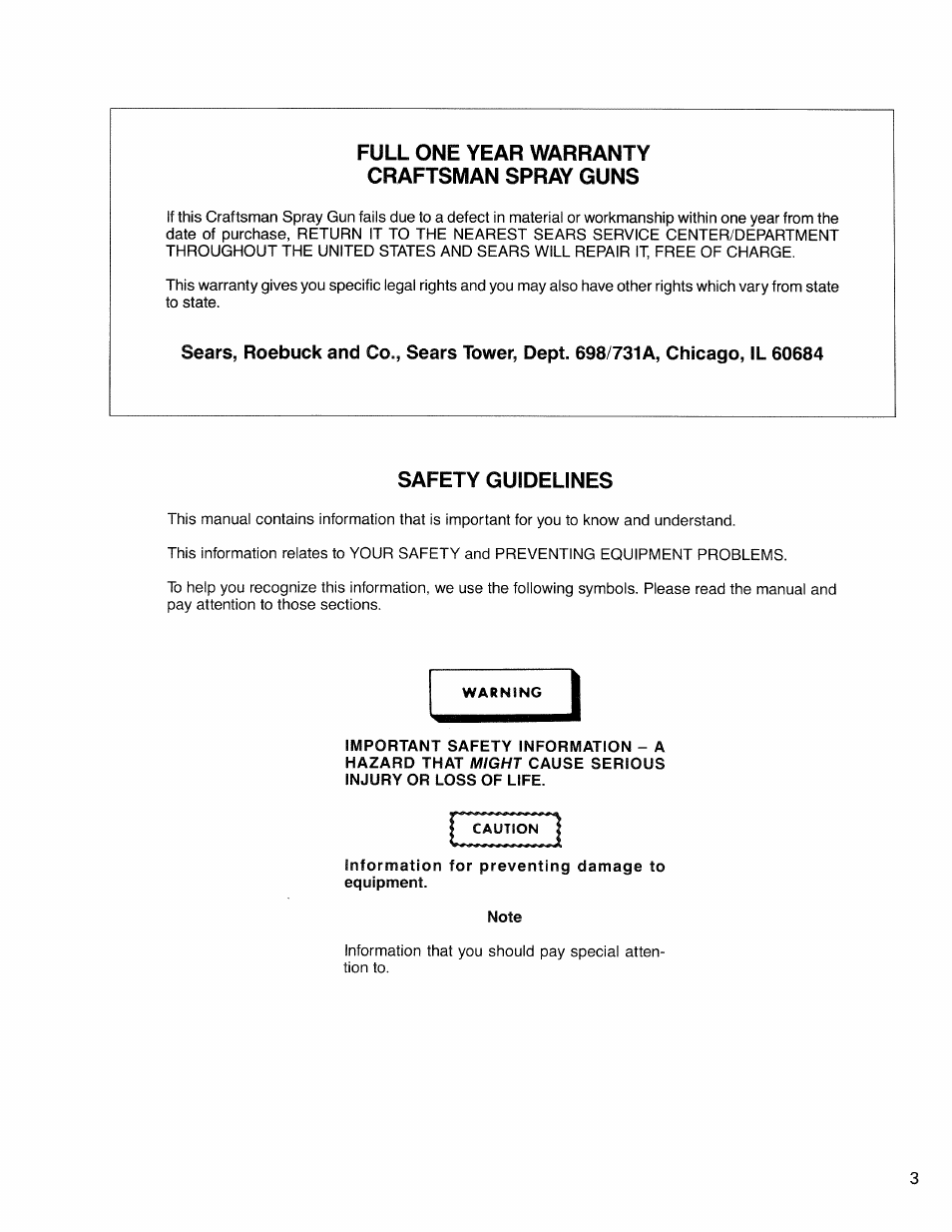 Full one year warranty craftsman spray guns, Safety guidelines | Sears 919.15516 User Manual | Page 3 / 12