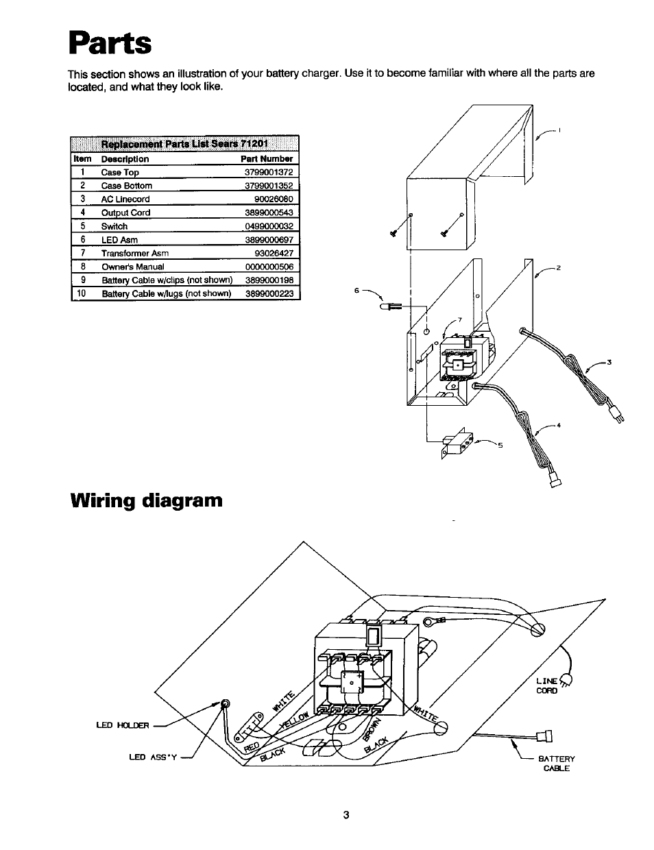 Parts, Wiring diagram | Sears 200.71201 User Manual | Page 4 / 12