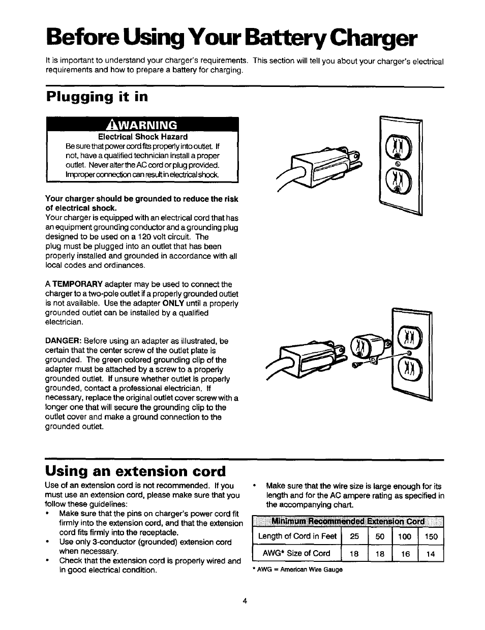 Before using your battery charger, Plugging it in, Using an extension cord | Plugging it in using an extension cord, Warniimg | Sears 200.71201 User Manual | Page 5 / 12