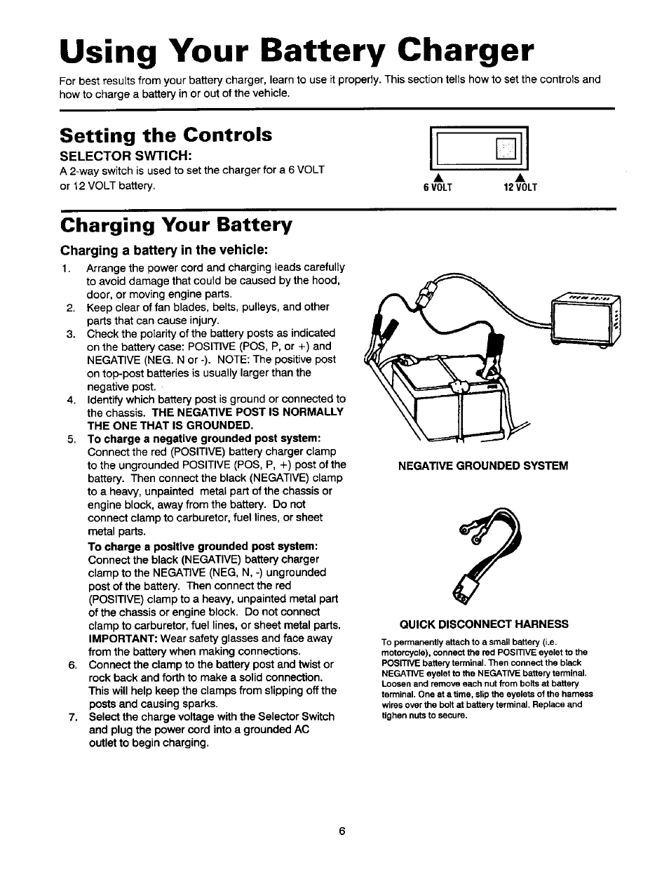 Using your battery charger, Setting the controls, Charging your battery | Sears 200.71201 User Manual | Page 7 / 12