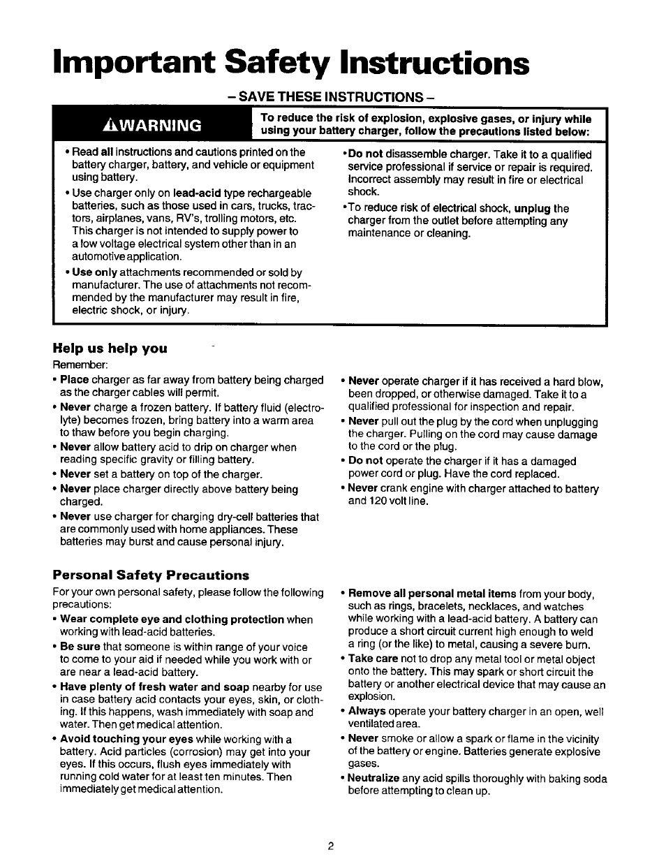 Save these instructions, Help us help you, Personal safety precautions | Important safety instructions | Sears 200.71202 User Manual | Page 3 / 8