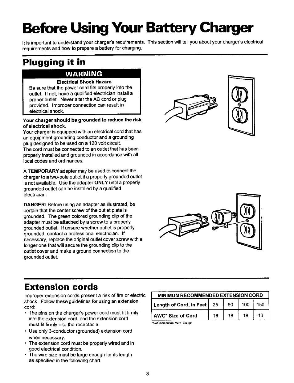 Plugging it in, Extension cords, Before using your battery charger | Warning | Sears 200.71202 User Manual | Page 4 / 8