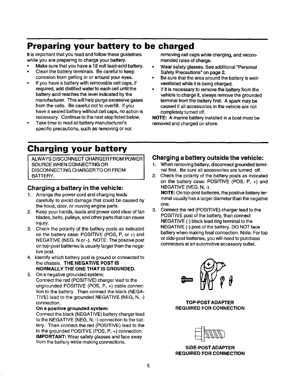 Preparing your battery to be charged, Charging your battery, Charging a battery in the vehicle | Charging a battery outside the vehicle | Sears 200.71202 User Manual | Page 6 / 8