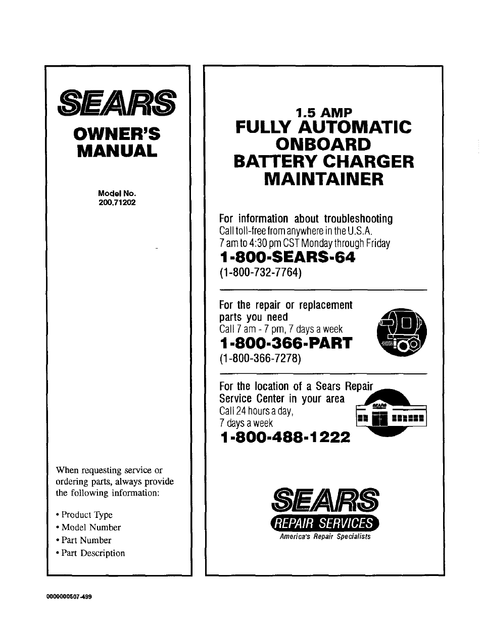 5 amp, Owner’s manual, Fully automatic onboard battery charger maintainer | Sears 200.71202 User Manual | Page 8 / 8