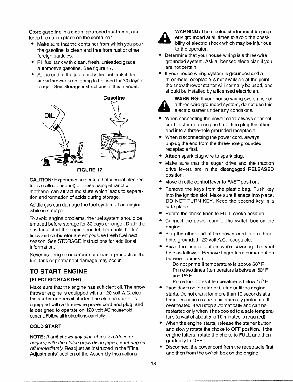 Figure 17, To start engine, Electric starter) | Cold start | Sears 247.88557 User Manual | Page 11 / 58