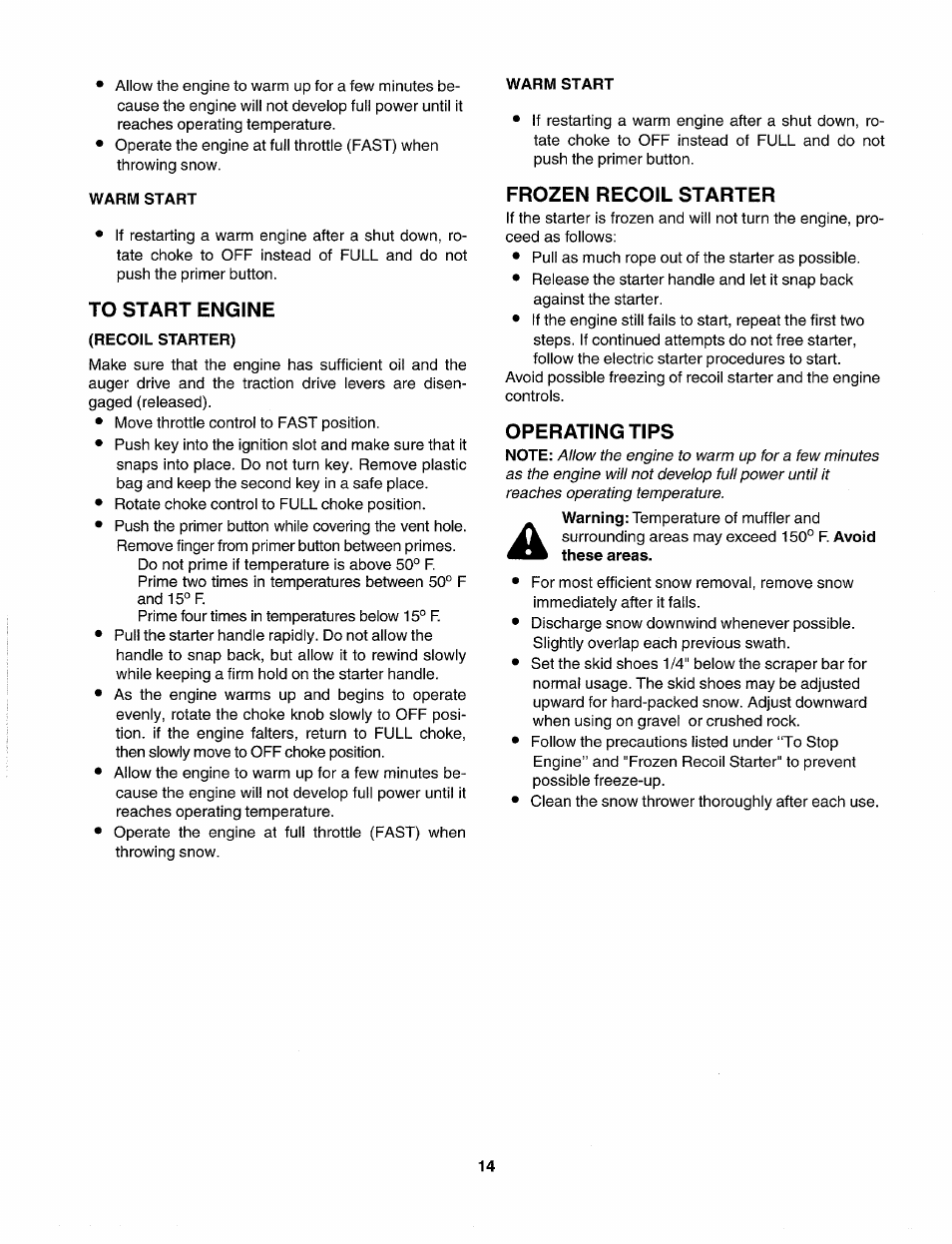 Warm start, To start engine, Recoil starter) | Frozen recoil starter, Operating tips | Sears 247.88557 User Manual | Page 12 / 58