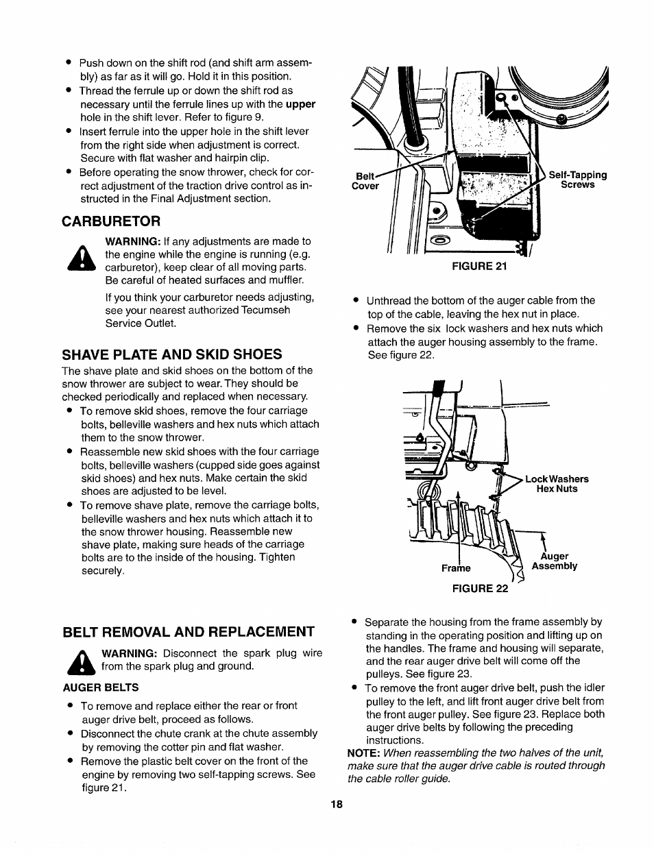 Carburetor, Shave plate and skid shoes, Belt removal and replacement | Auger belts | Sears 247.88557 User Manual | Page 16 / 58