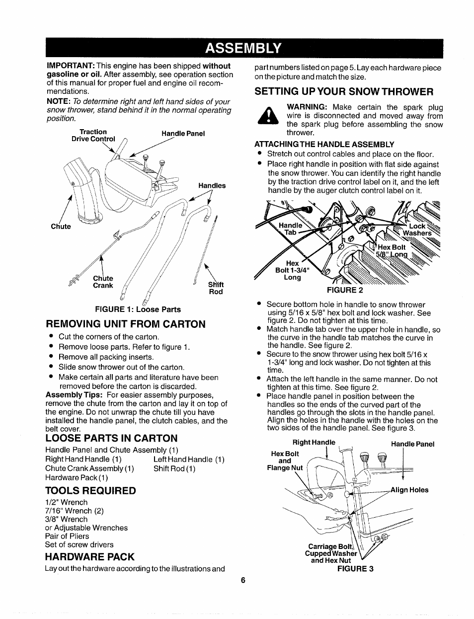 Removing unit from carton, Loose parts in carton, Tools required | Hardware pack, Setting up your snow thrower, Attaching the handle assembly, Assembly | Sears 247.88557 User Manual | Page 4 / 58