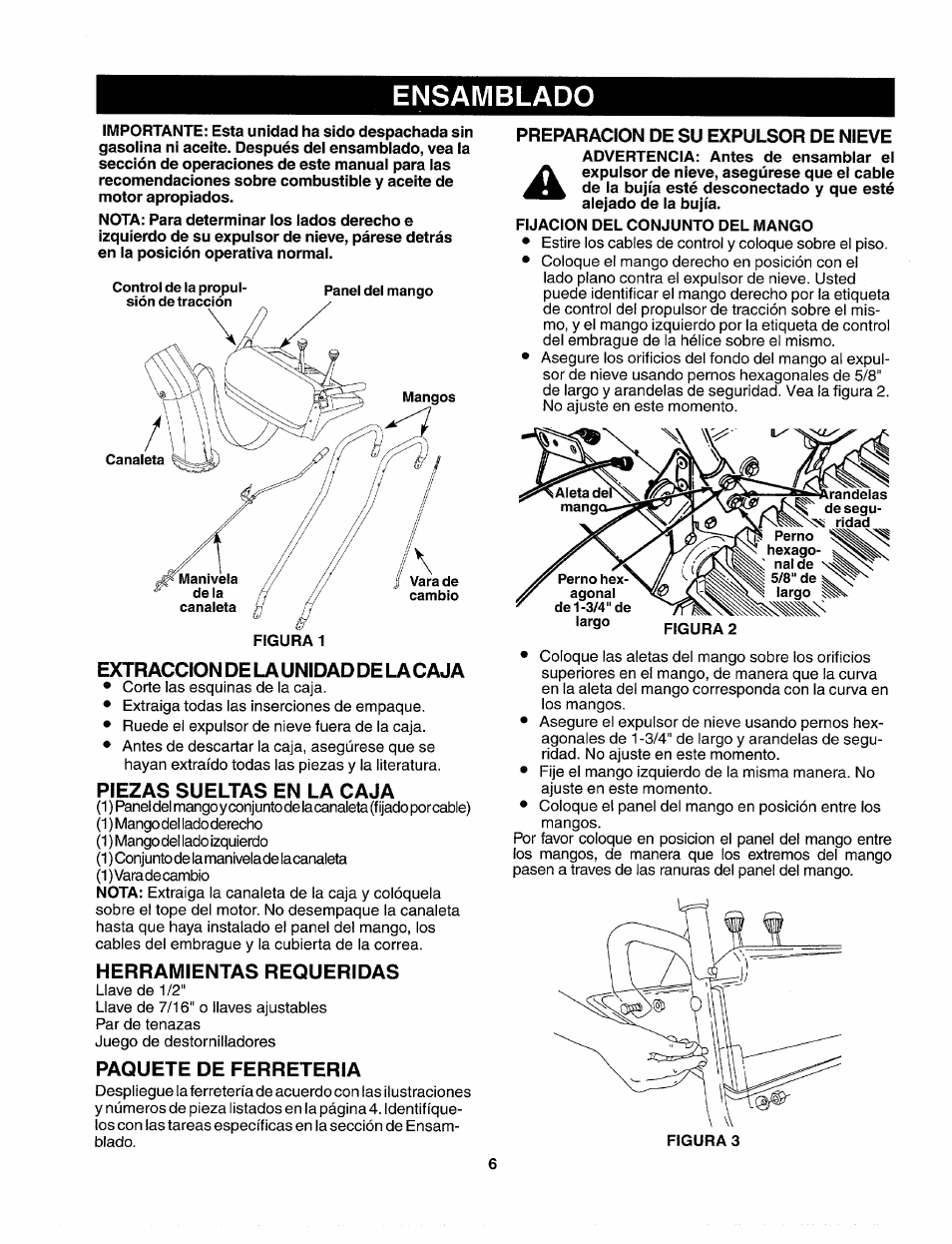 Extraccion de la unidad de lacaja, Piezas sueltas en la caja, Herramientas requeridas | Paquete de ferreteria, Preparacion de su expulsor de nieve, Ensamblado | Sears 247.88557 User Manual | Page 42 / 58