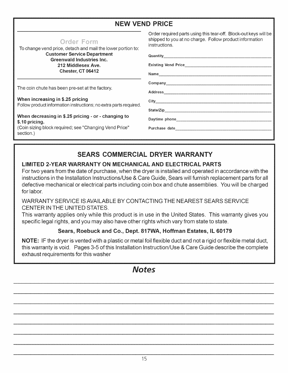 Sears commercial dryer warranty, New vend price | Sears 64182 User Manual | Page 15 / 16