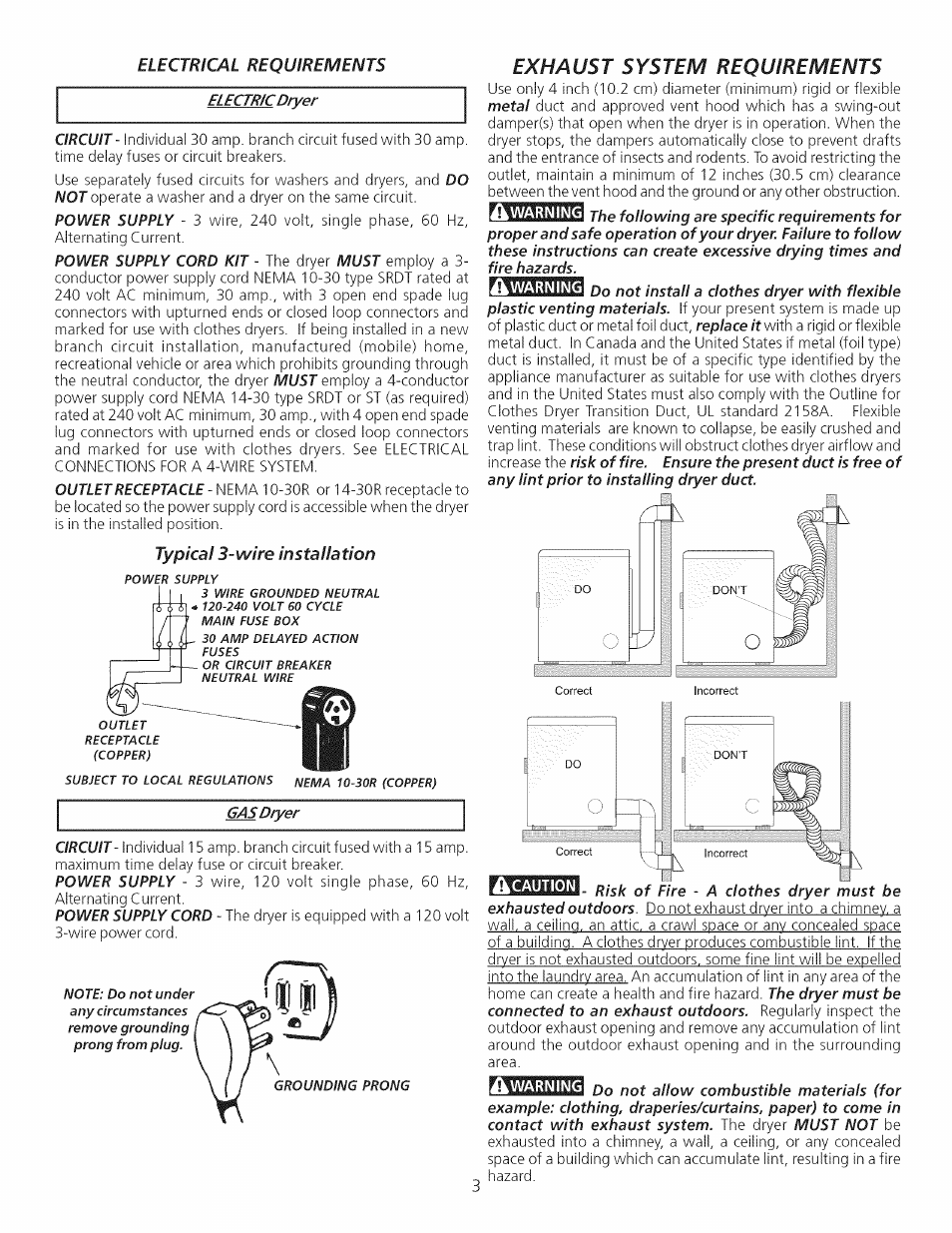 Exhaust system requirements, Electrical requirements, Typical 3-wire installation | Warning, Ik warning, A warning | Sears 64182 User Manual | Page 3 / 16