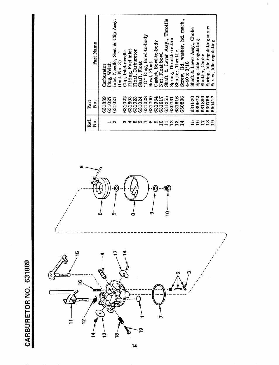 Carburetor no. 631889 | Sears 247.8809 User Manual | Page 14 / 18