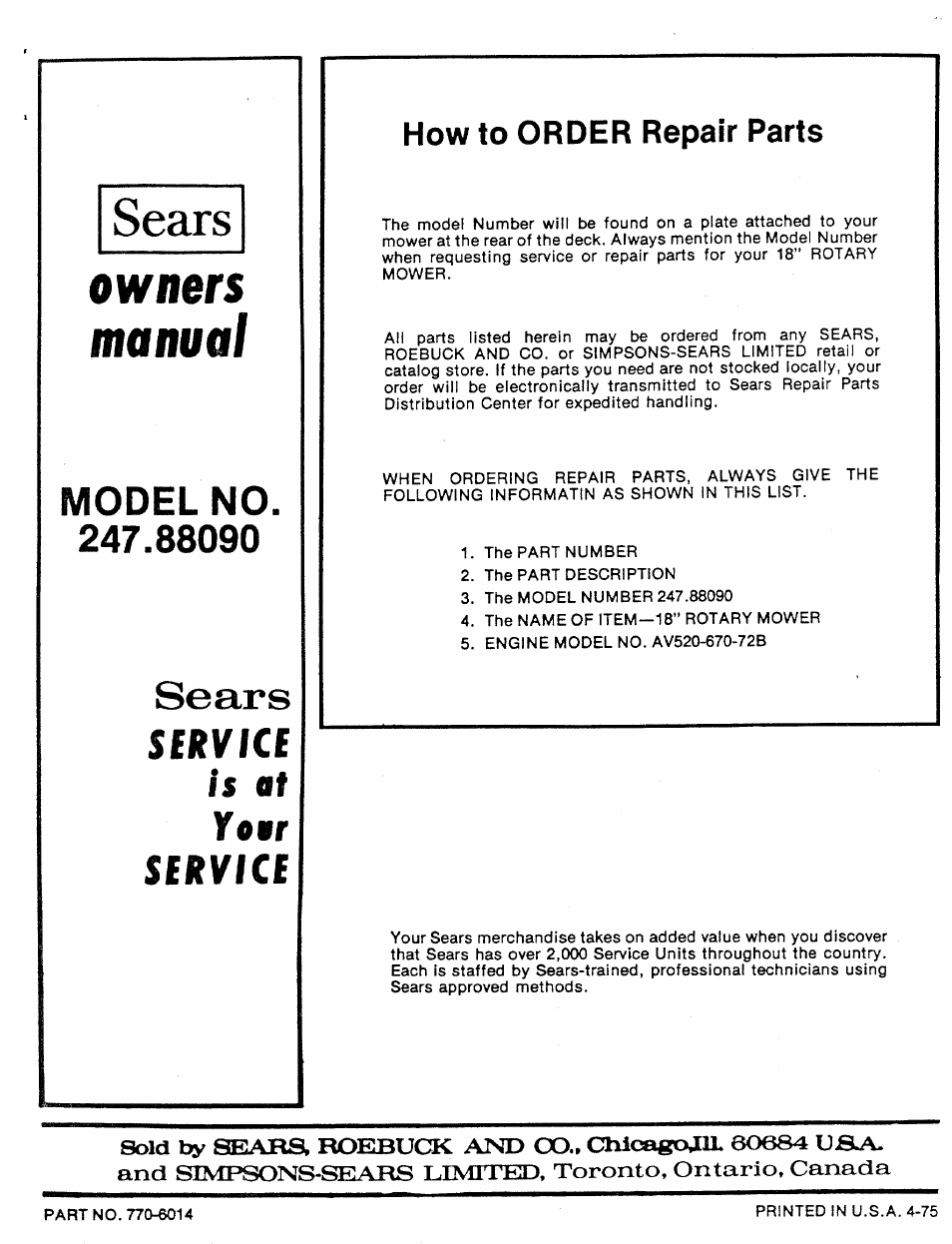 Sears, Owners manual, Service is at year service | How to order repair parts | Sears 247.8809 User Manual | Page 18 / 18