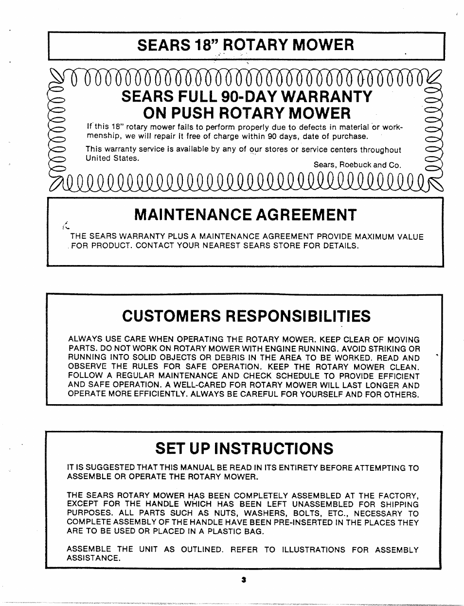 Maintenance agreement, Customers responsibilities, Set up instructions | Sears 247.8809 User Manual | Page 3 / 18