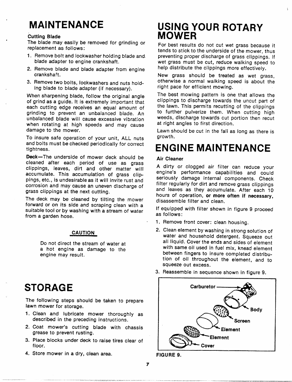 Maintenance, Storage, Using your rotary mower | Engine maintenance | Sears 247.8809 User Manual | Page 7 / 18