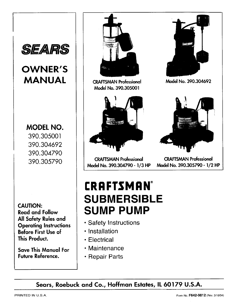 Sears 390.304692 User Manual | 10 pages