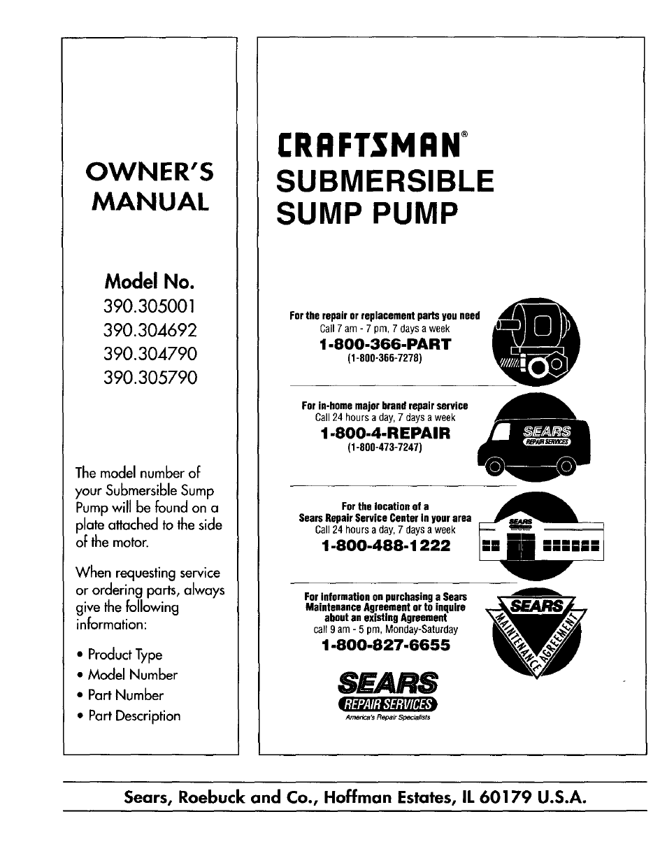 Owner's, Manual, Model no | Craftsman, Submersible sump pump, Owner's manual | Sears 390.304692 User Manual | Page 10 / 10