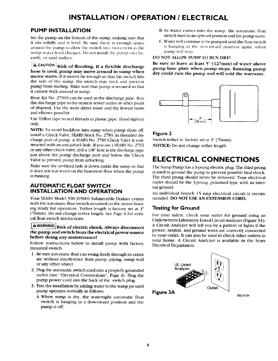 Pump installation, Automatic float switch installation and operation, Testing for ground | Installation / operation / electrical, Electrical connections | Sears 390.304692 User Manual | Page 4 / 10