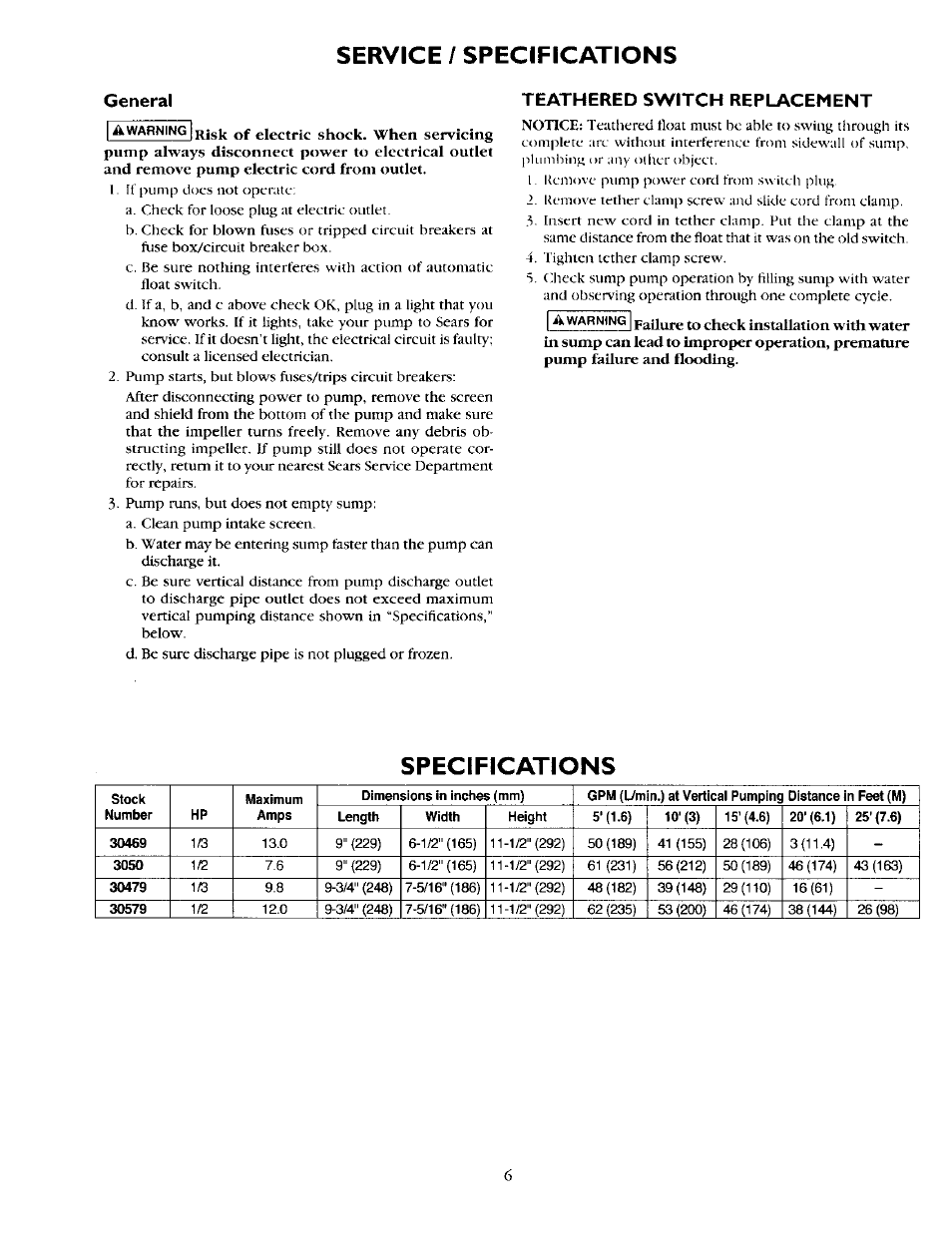 Service / specifications, General, Teathered switch replacement | Specifications | Sears 390.304692 User Manual | Page 6 / 10