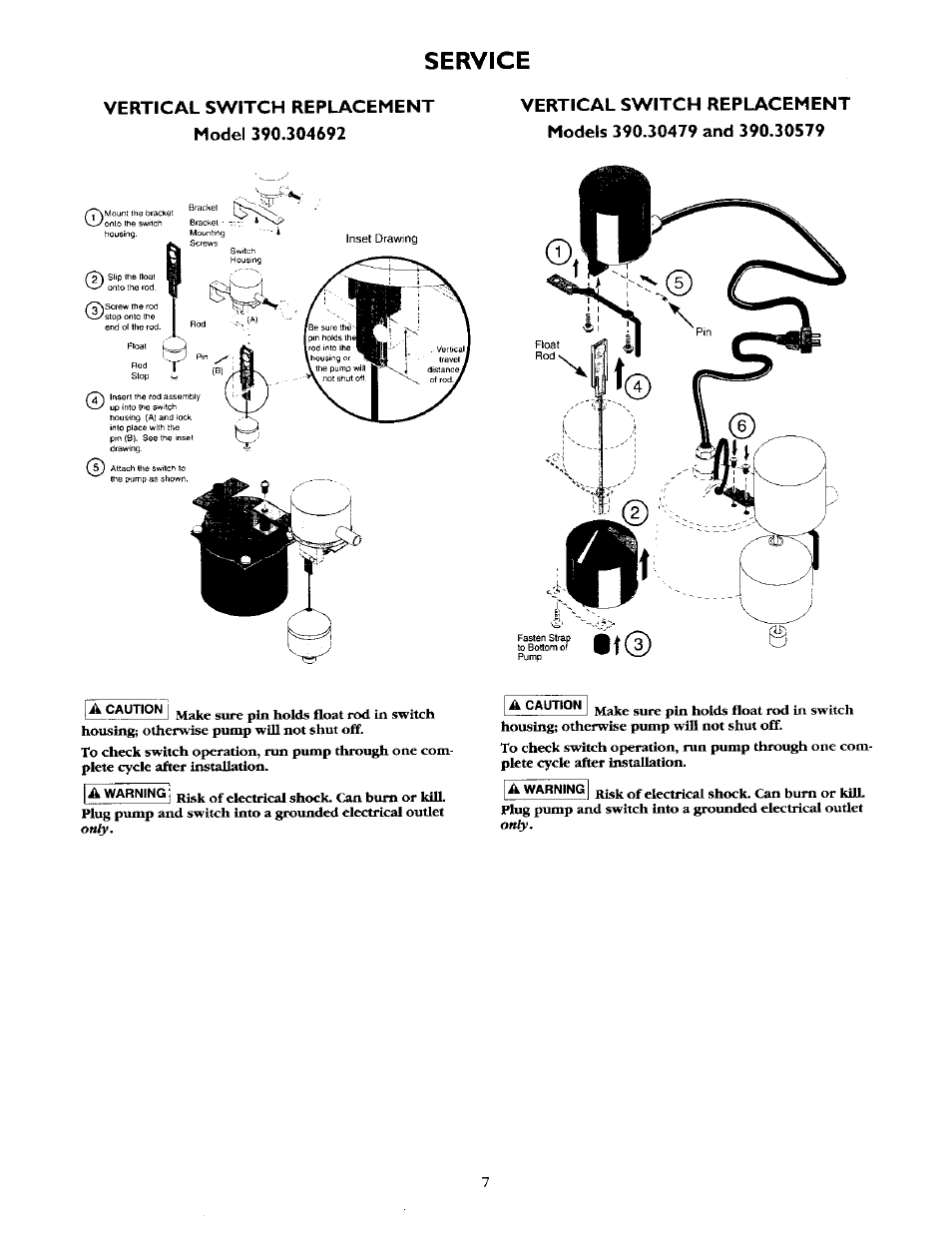 Service, Vertical switch replacement model 390.304692, Vertical switch replacement | Models 390.30479 and 390.30579 | Sears 390.304692 User Manual | Page 7 / 10