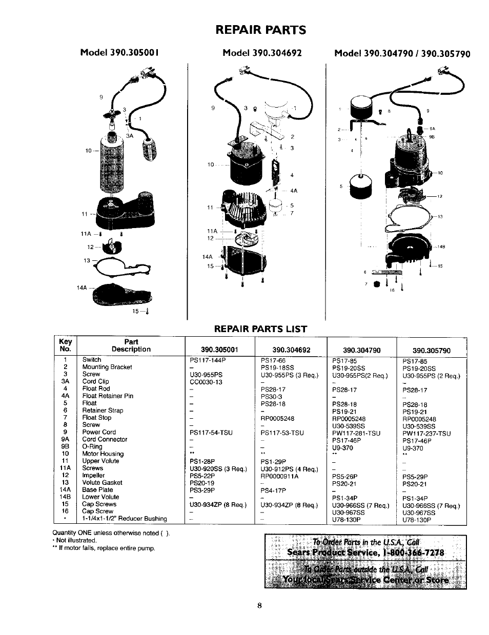 Model 390.305001, Repair parts, Model 390.304692 | Model 390.304790 / 390.305790, Repair parts list | Sears 390.304692 User Manual | Page 8 / 10
