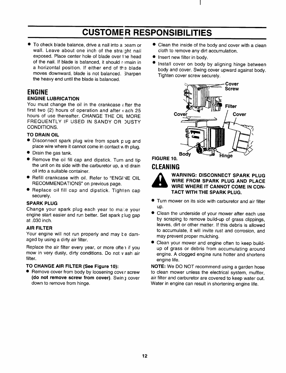 Customer responsibilities, Engine, Engine lubrication | To drain oil, Spark plug, Air filter, Figure 10, Cleaning | Sears 247.37638 User Manual | Page 10 / 42