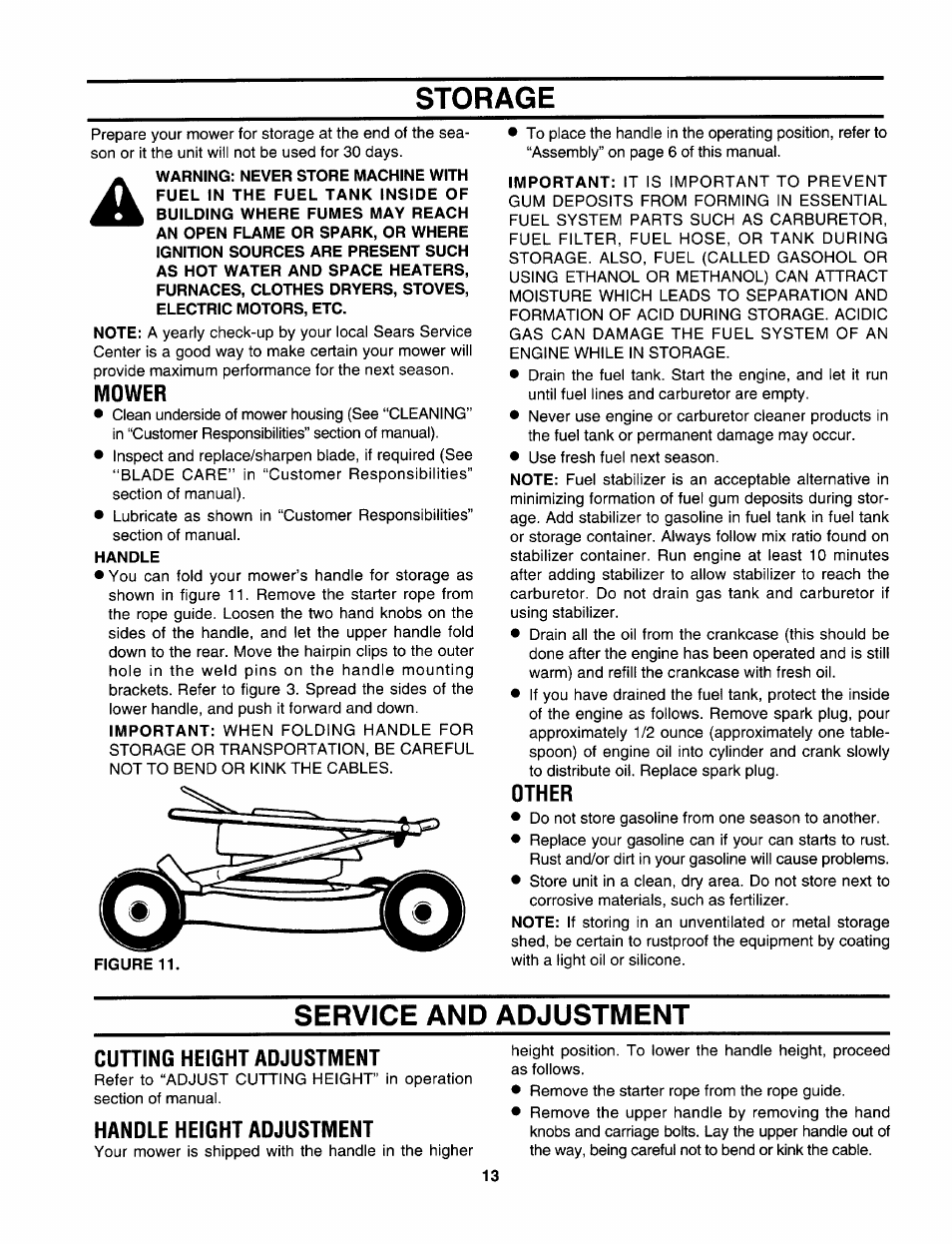 Storage, Mower, Handle | Other, Service and adjustment, Cutting height adjustment, Handle height adjustment, Storage service and adjustment -15 | Sears 247.37638 User Manual | Page 11 / 42